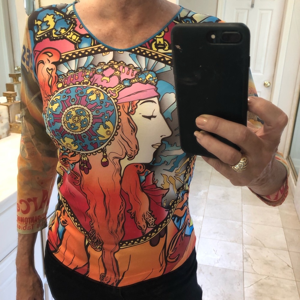 Colorful sleek front, lace back, sheer sleeve SzM - Picture 1 of 11